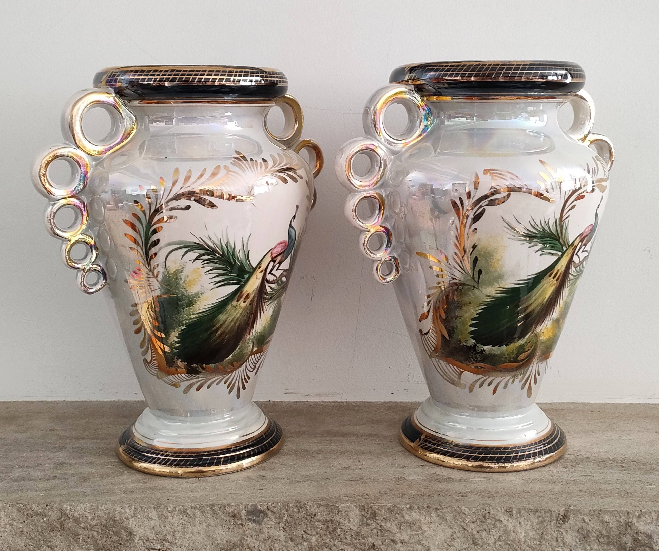 Pair of peacock vases by Hubert Bequet - Pearly ceramic - Belgium - 60s