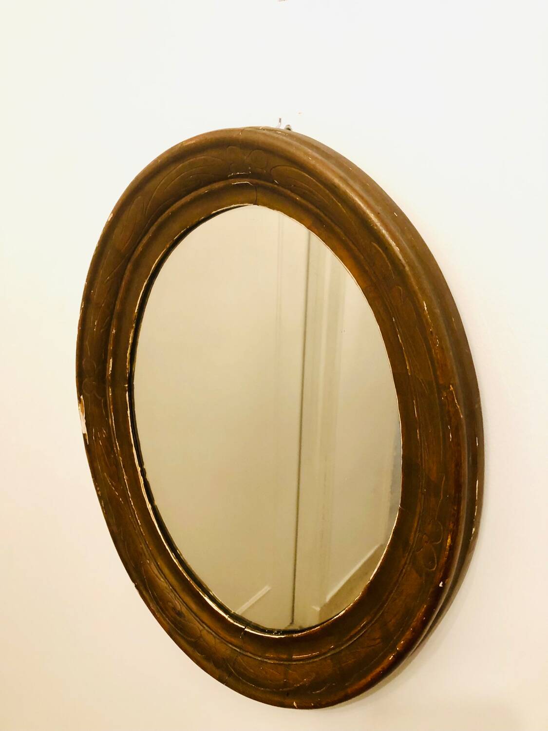 Old art deco oval wooden mirror