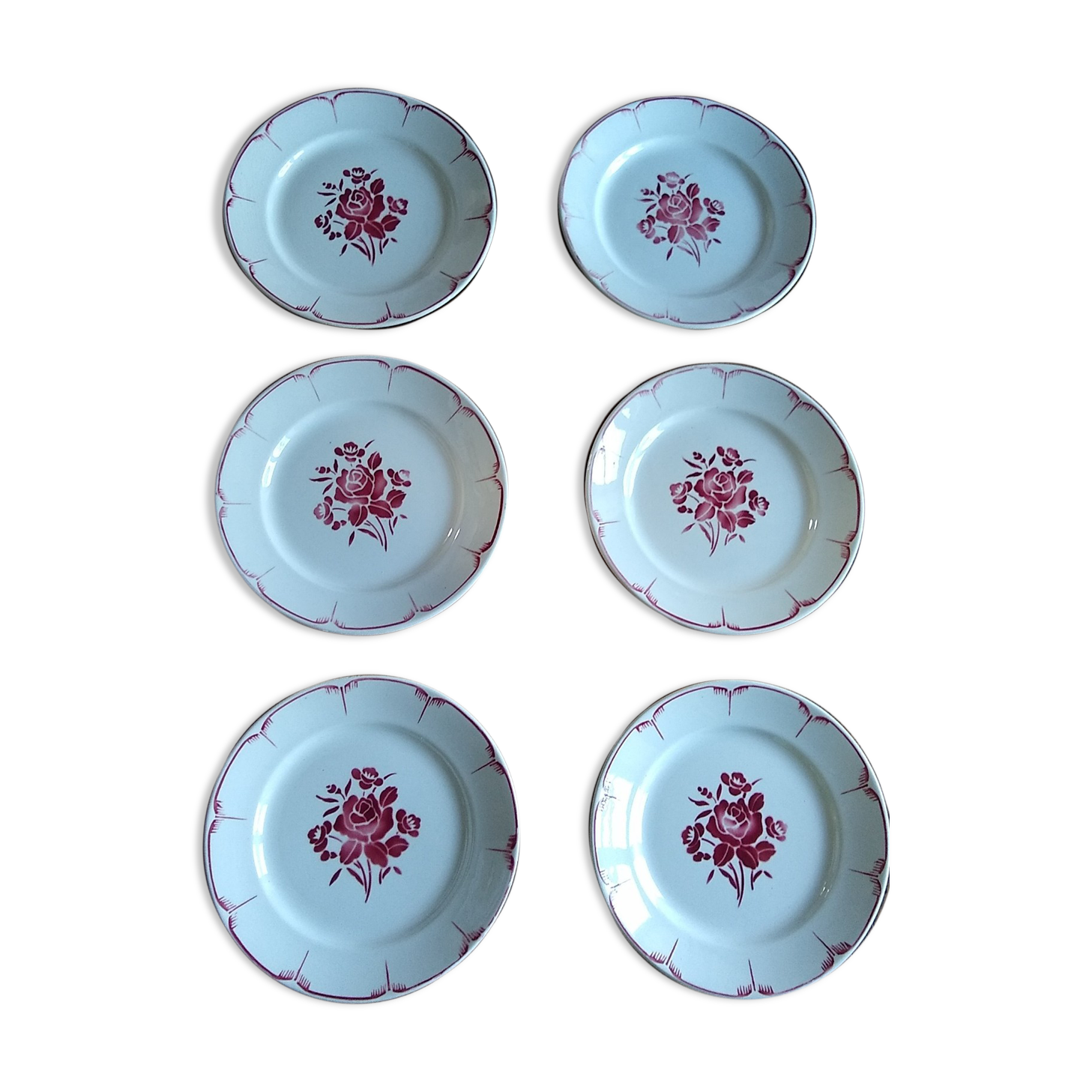 Set of 6 flat plates in faience of the 50s / 60s red pink pattern