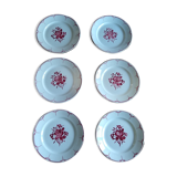 Set of 6 flat plates in faience of the 50s / 60s red pink pattern