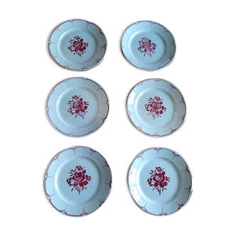 Set of 6 flat plates in faience of the 50s / 60s red pink pattern