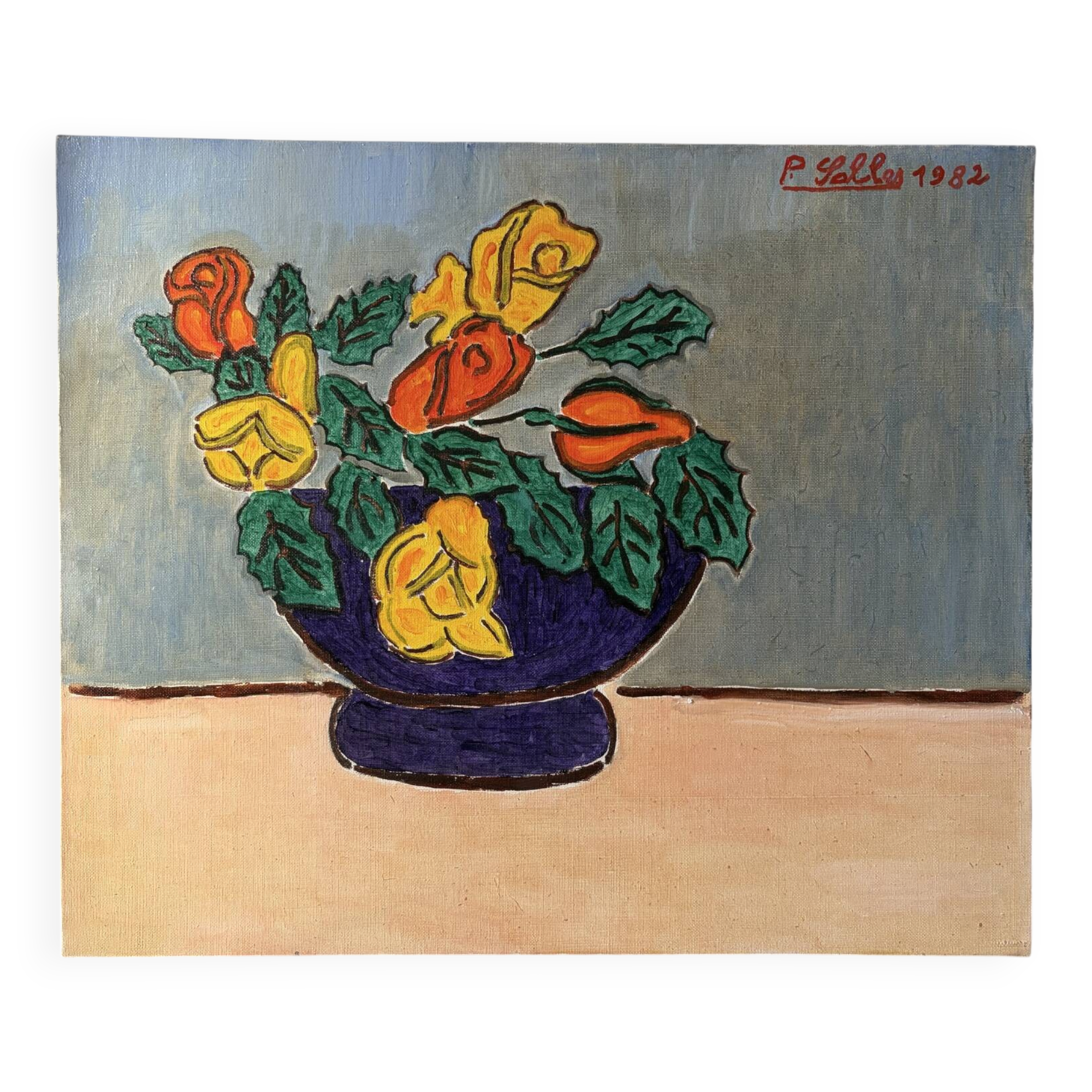 Blue bowl with flowers, oil on canvas signed 1982