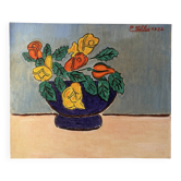 Blue bowl with flowers, oil on canvas signed 1982