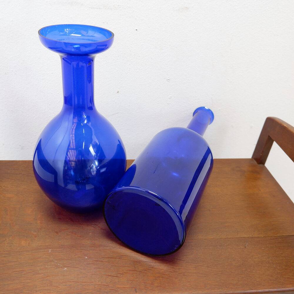 Pair of cobalt blue blown glass vases or carafes from the 1960s.