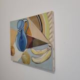 Old Painting Cubist Still Life With Apples And Bananas 20th Century