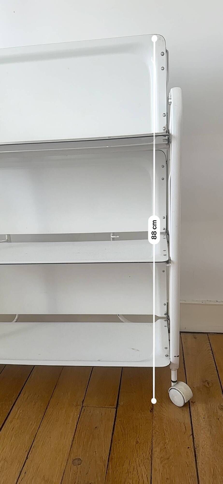 Vintage folding dessert trolley on wheels, 3 white shelves