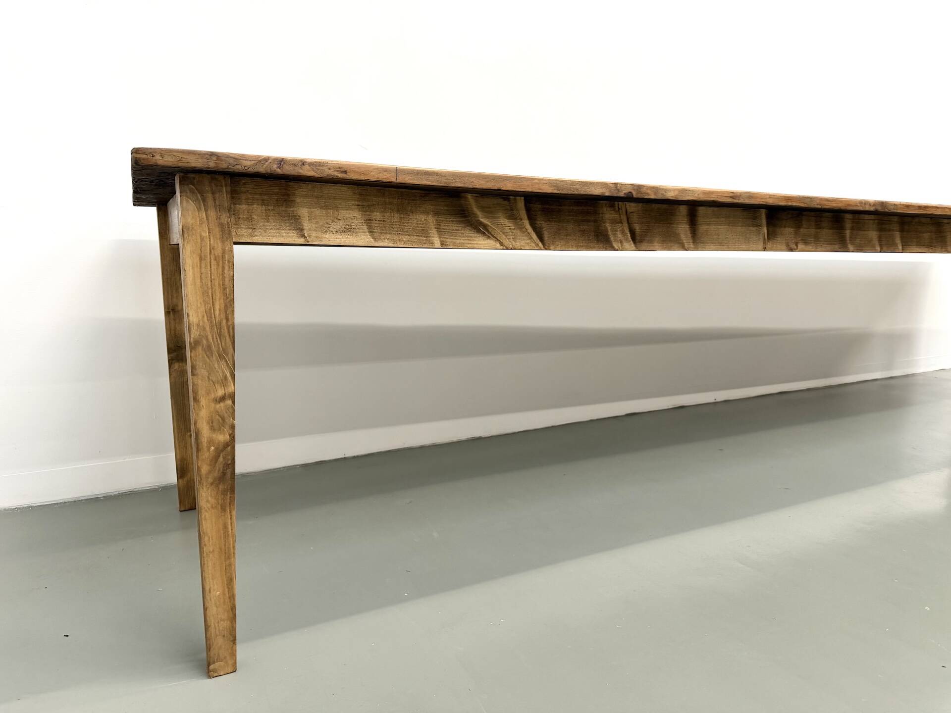 Large XXL farmhouse table in solid pine with 1950s tapered legs.