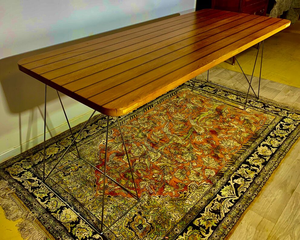 Teak table with chromed tubular metal base