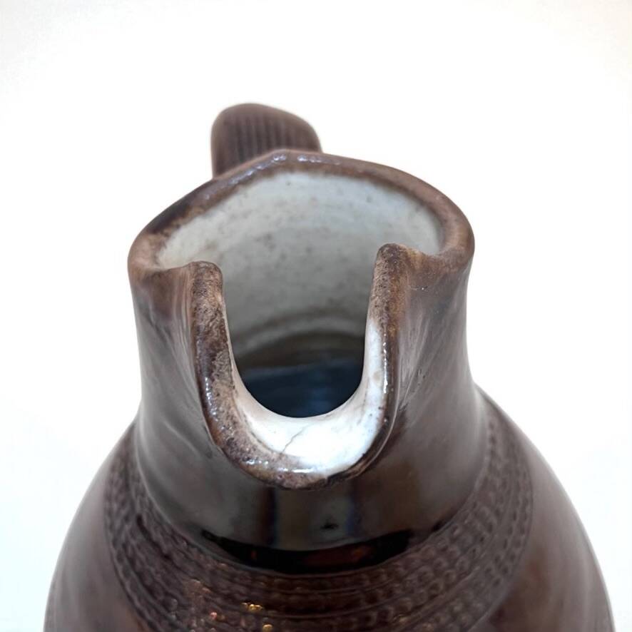 Antique Brutalist Brown Stoneware Pitcher from Berry Vintage Carafe