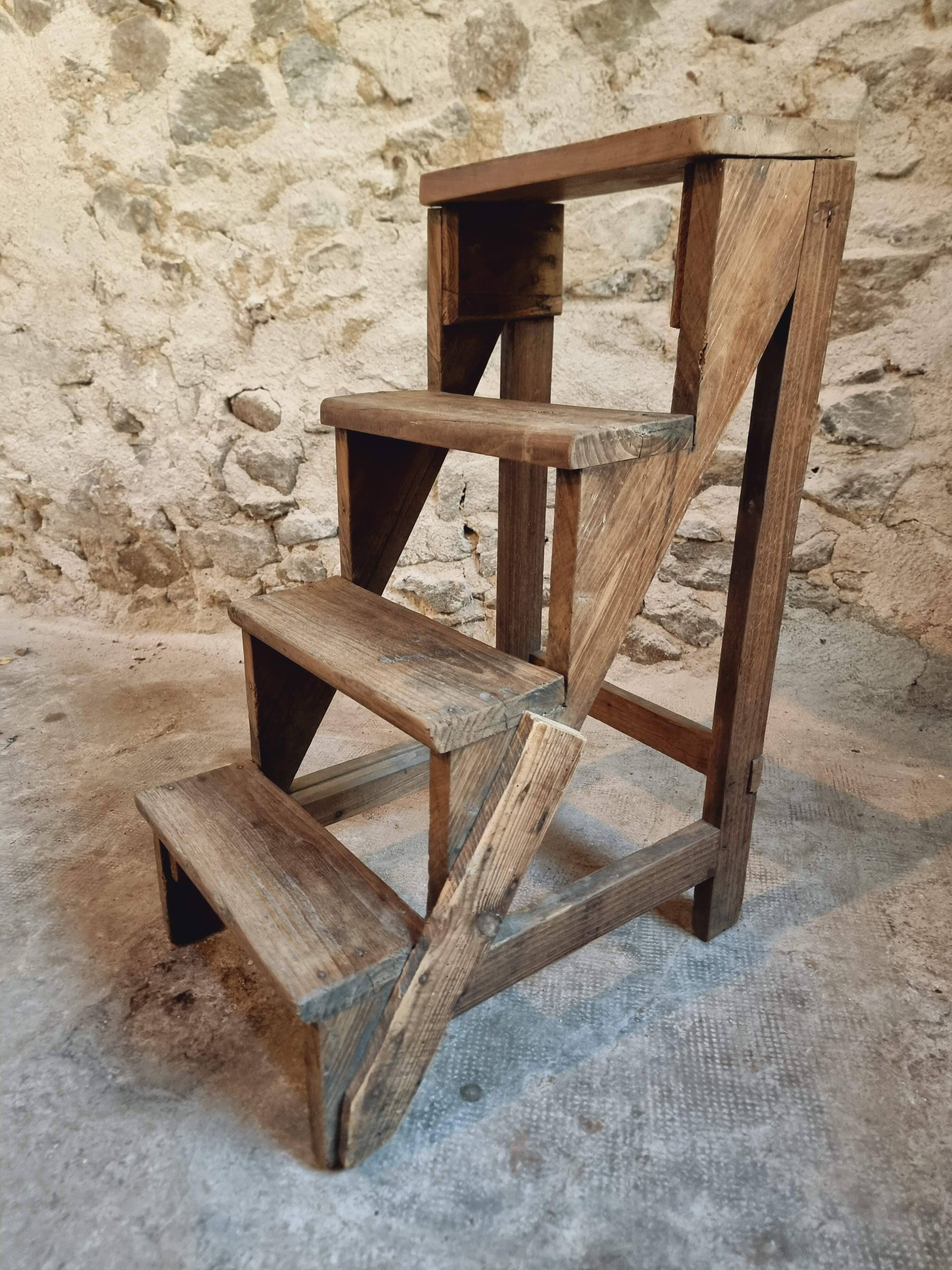 Antique chestnut wood workshop stepladder – France, early 1900s