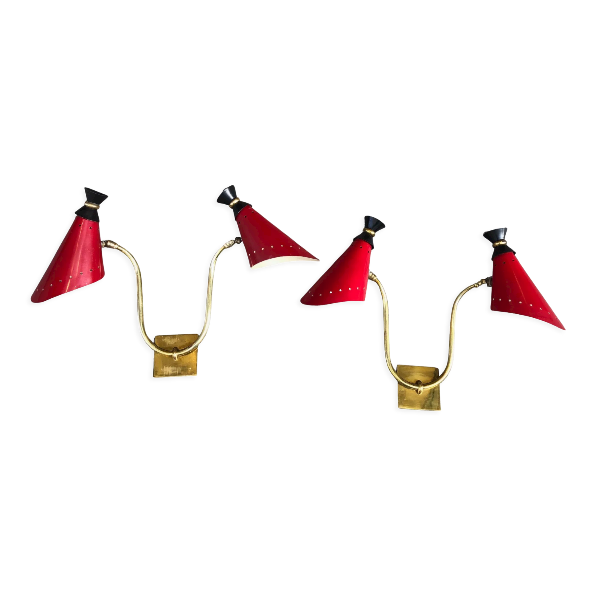 Pair of brass wall lights, red diabolo metal lampshades, circa 1950