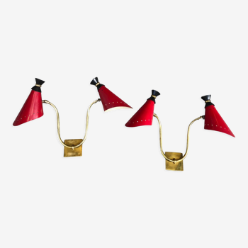 Pair of brass wall lamps, red metal diabolo lampshades, circa 1950