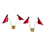 Pair of brass wall lights, red diabolo metal lampshades, circa 1950