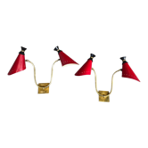 Pair of brass wall lights, red diabolo metal lampshades, circa 1950