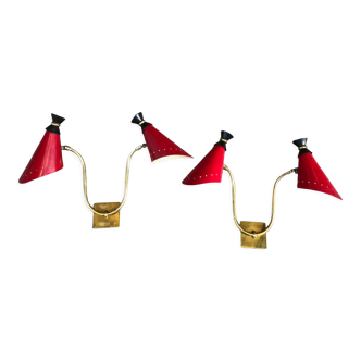 Pair of brass wall lights, red diabolo metal lampshades, circa 1950