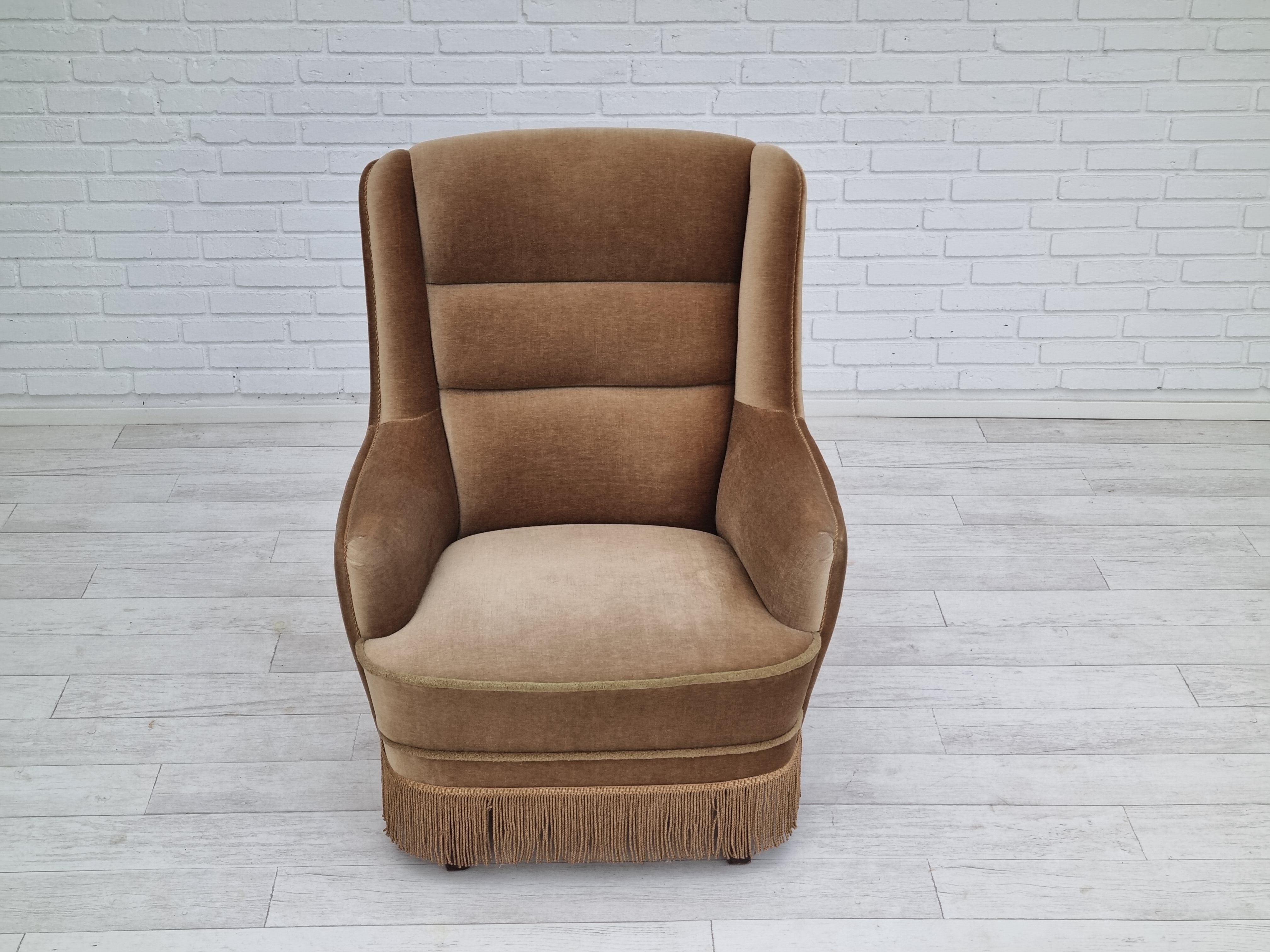 1960s, Danish high back armchair, original upholstery, green velour
