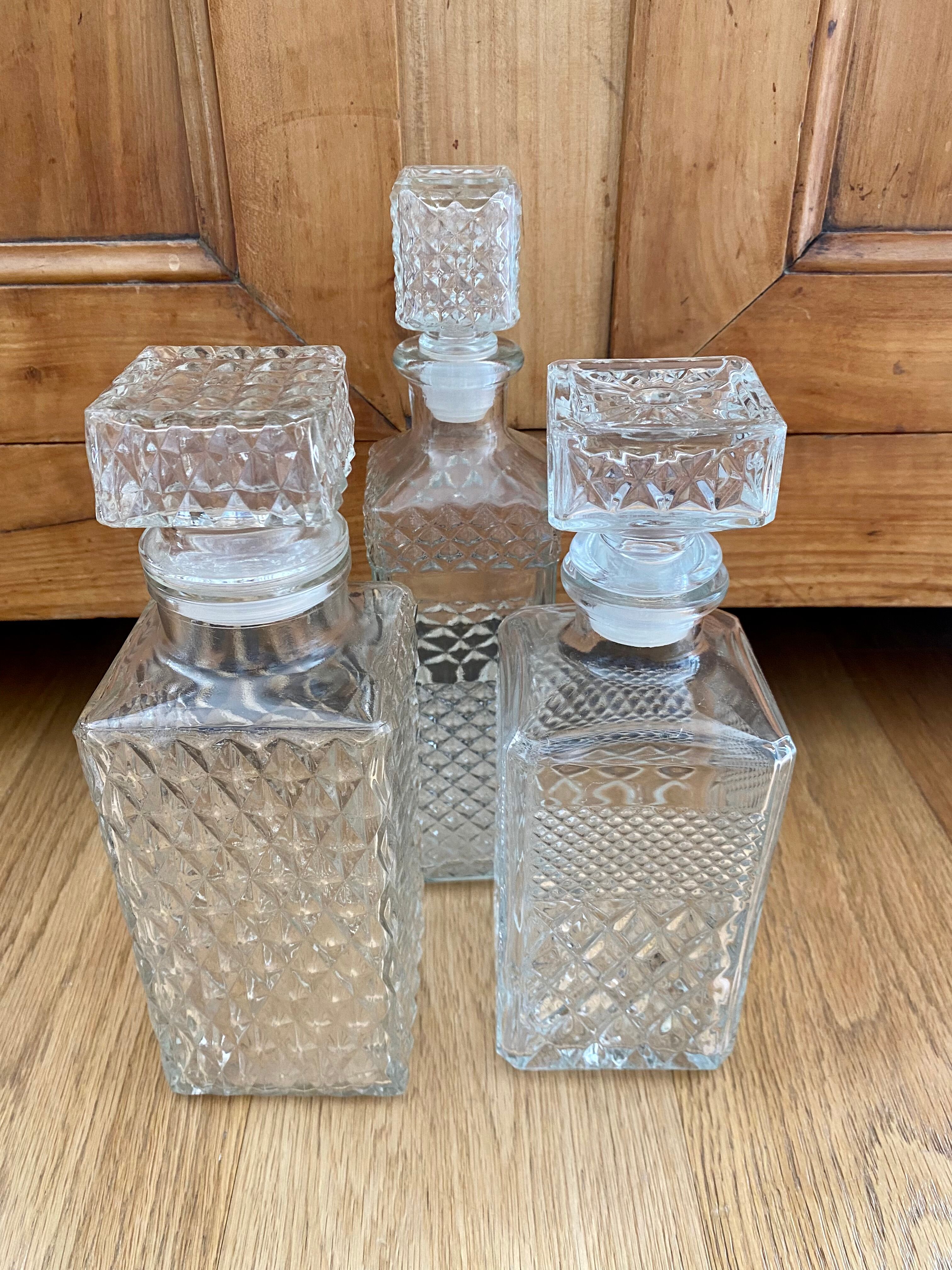Set of 3 bottle vintage molded glass whiskey decanter