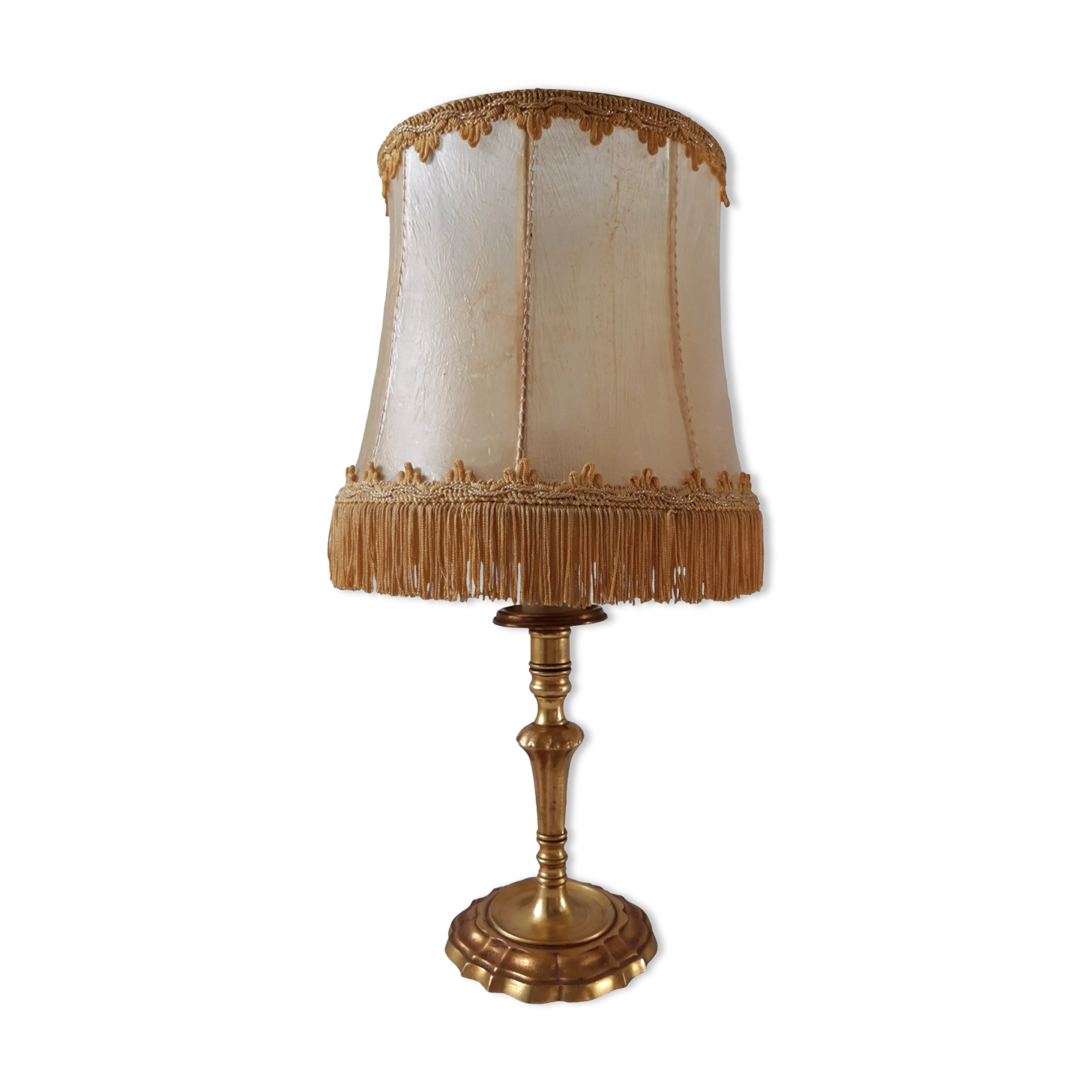 Old lamp in gilded steel and mother-of-pearl lampshade 60-70s