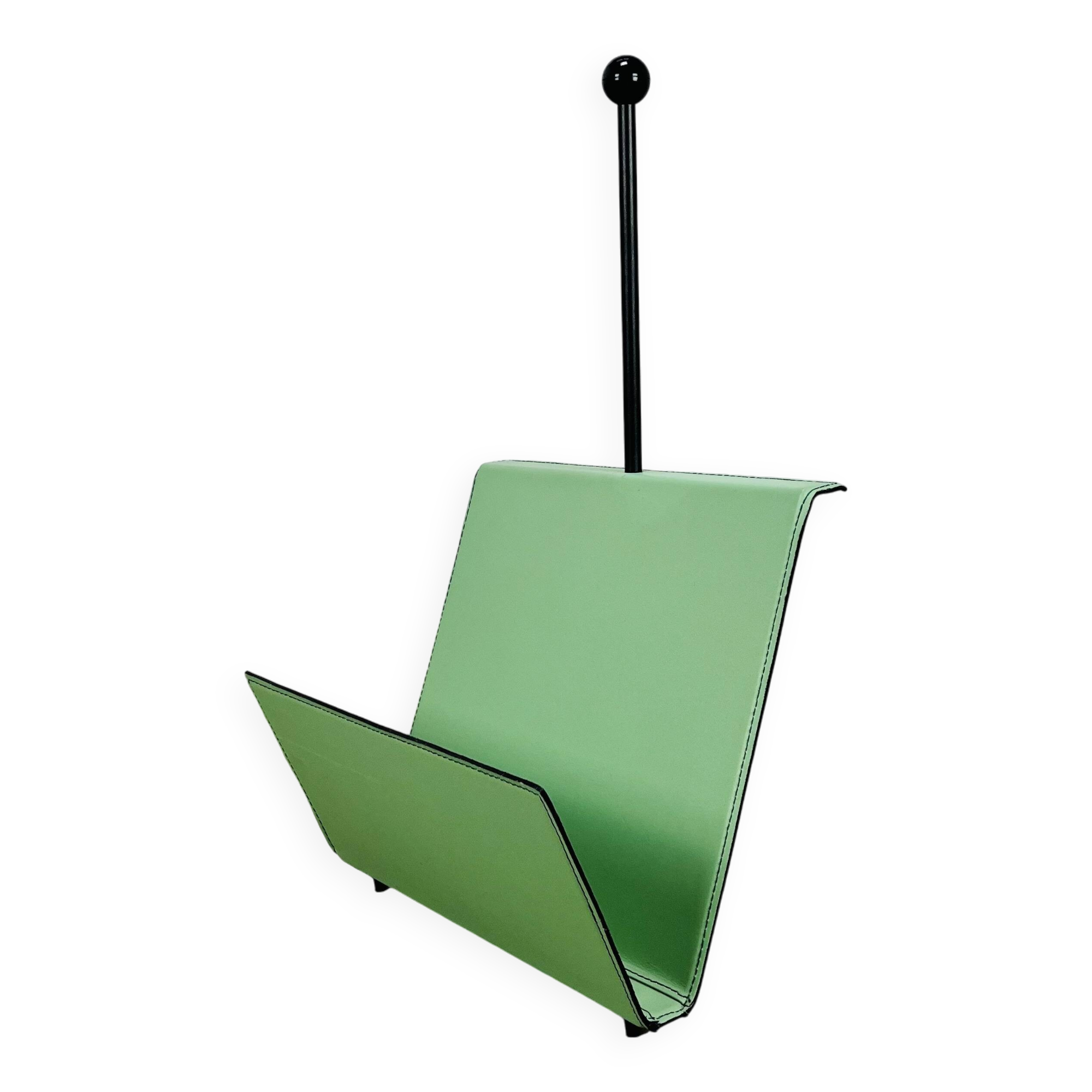 Postmodern magazine rack by Porada Arredi, green leather, 80s memphis