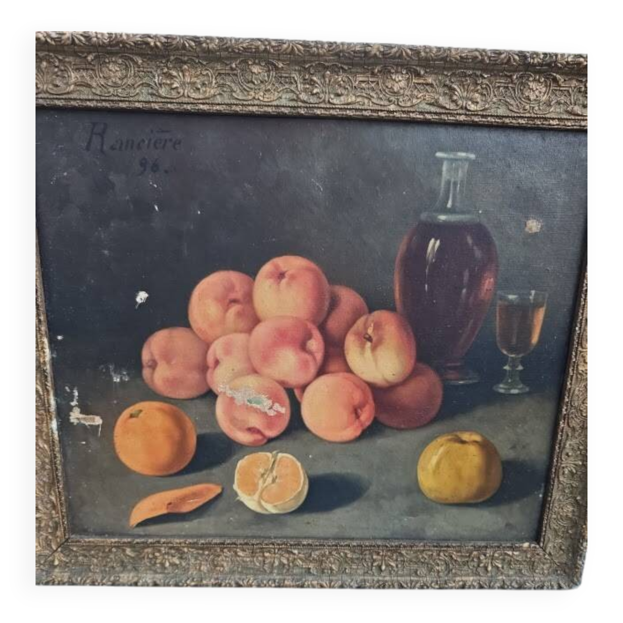 Still life on canvas by Rancière, depicting fruits and a carafe 1896.