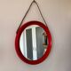 Mid-Century Scandinavian Red Round Wooden Mirror with Leather Strap, 1950s