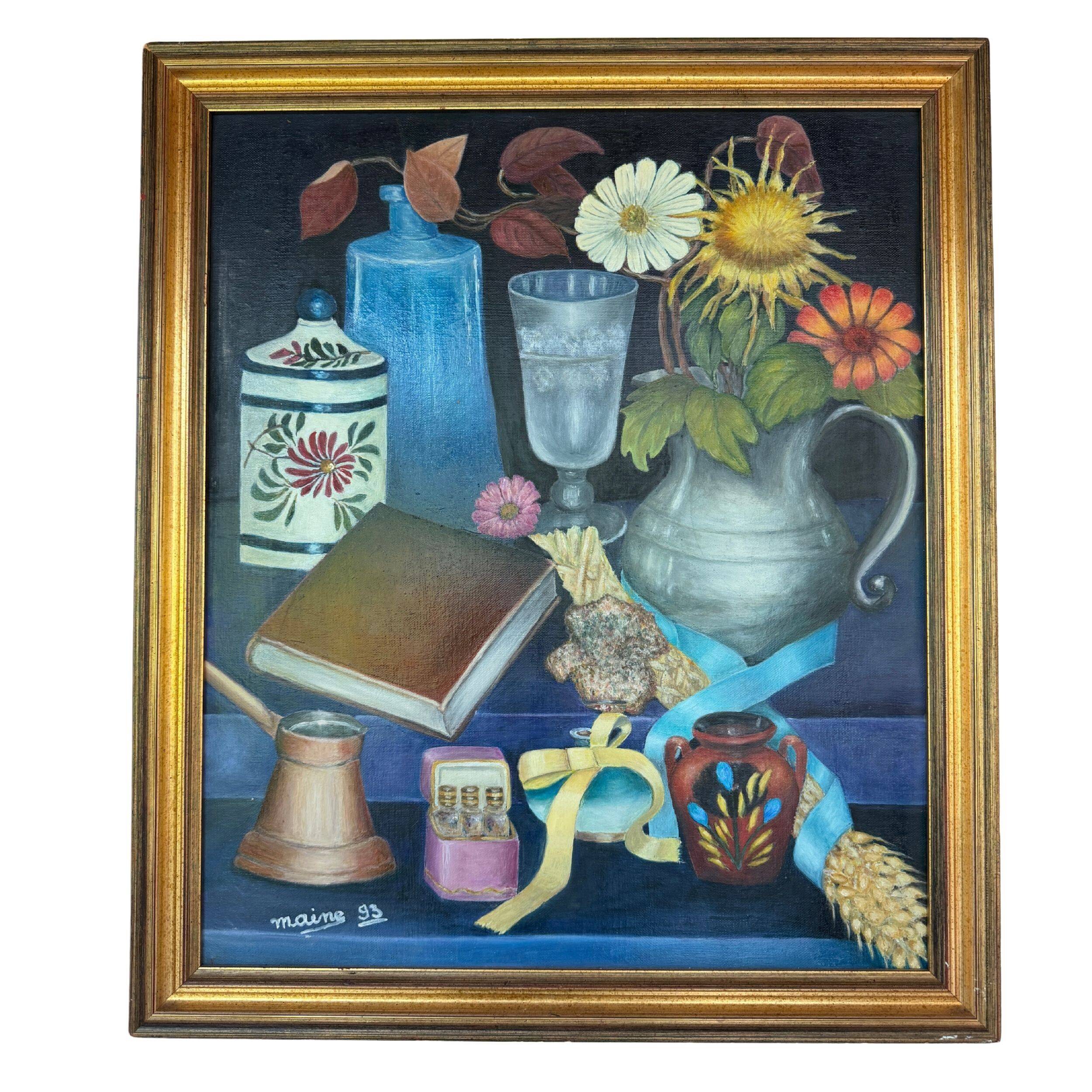 Vintage still life with flowers and objects – Canvas painting signed Maine