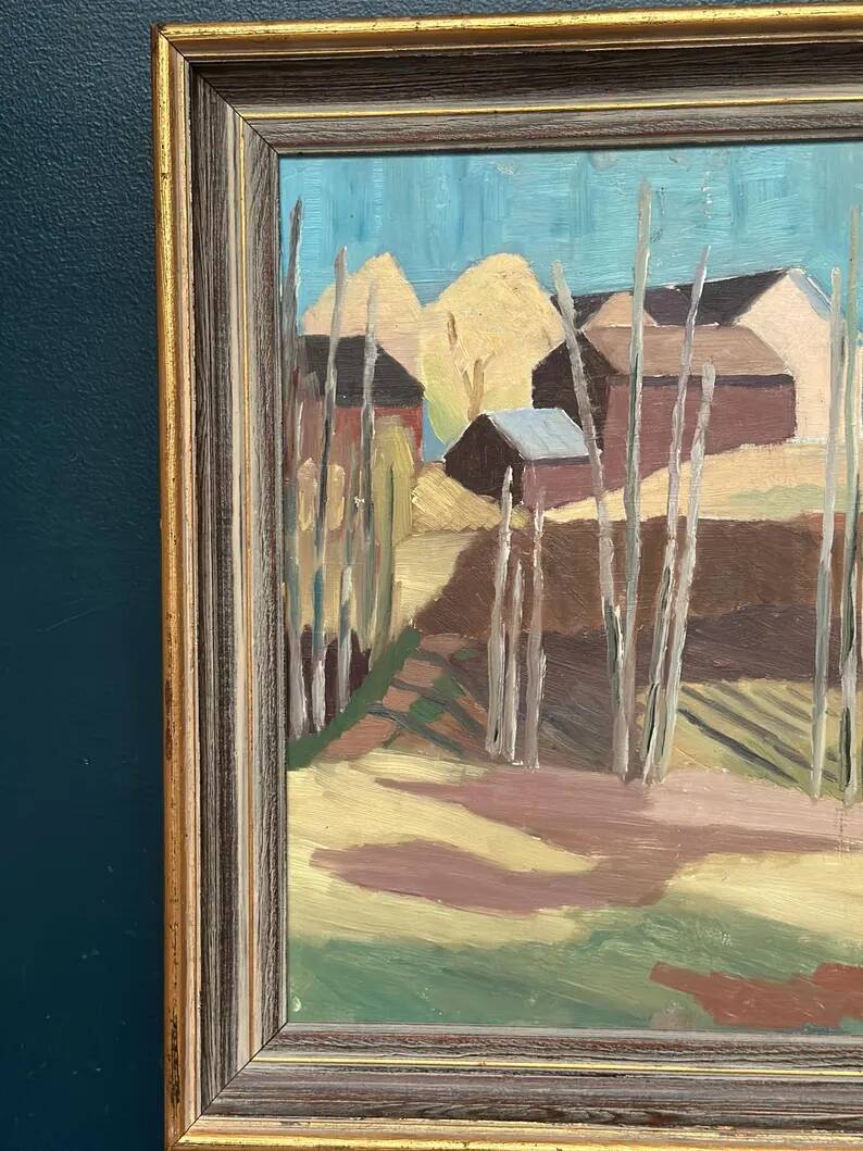 Original Swedish Oil on Panel – "Huts Behind the Trees" – Signed – Vintage & Framed – 51 × 43 cm (20.1" × 16.9")