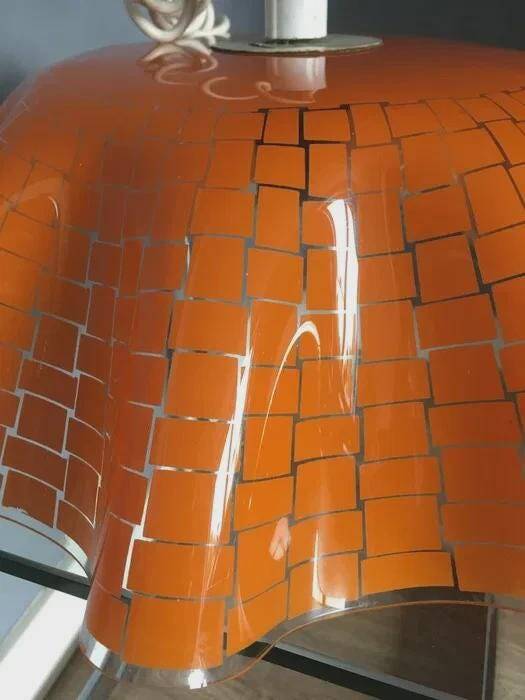 Polish ceiling lamp, orange hand-painted glass with wavy edge, 1970s-80s