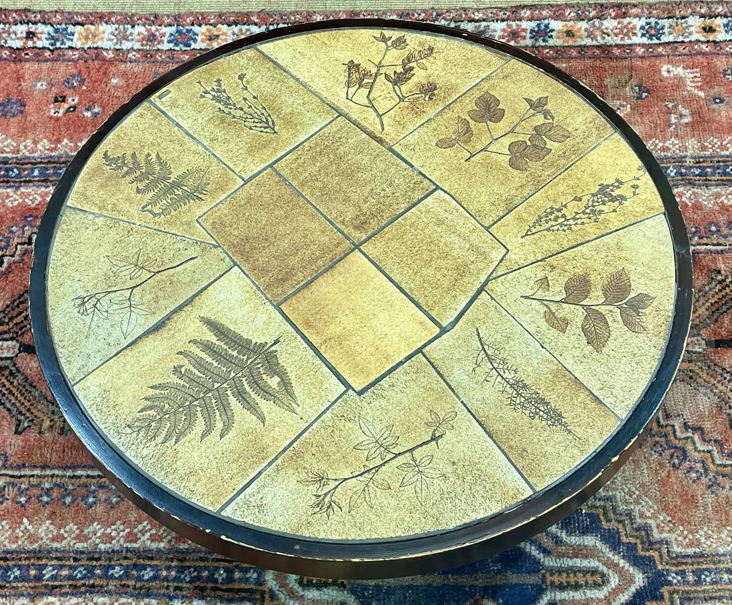 Beech coffee table with ceramic top, herbarium decoration by Raymonde Leduc Vallauris