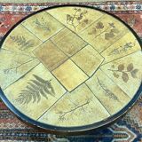 Beech coffee table with ceramic top, herbarium decoration by Raymonde Leduc Vallauris