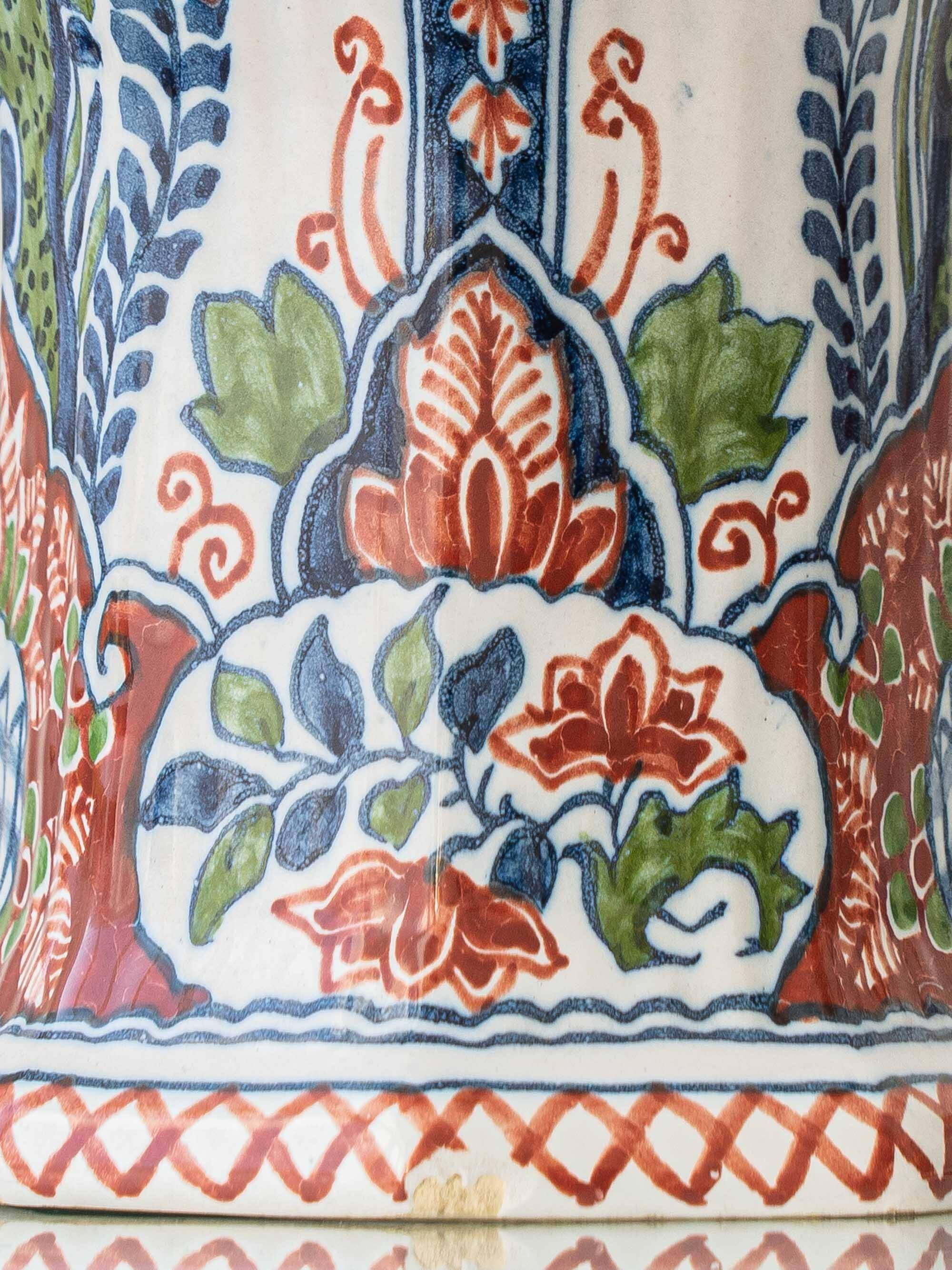 Pair of Dutch Delft Makkum ceramic table lamps with new olive green velvet shades.