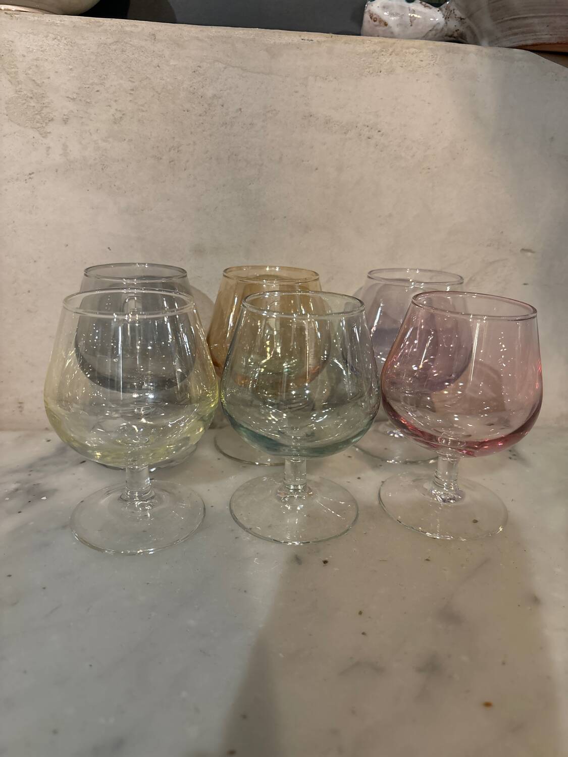 Set of 6 colored cognac glasses