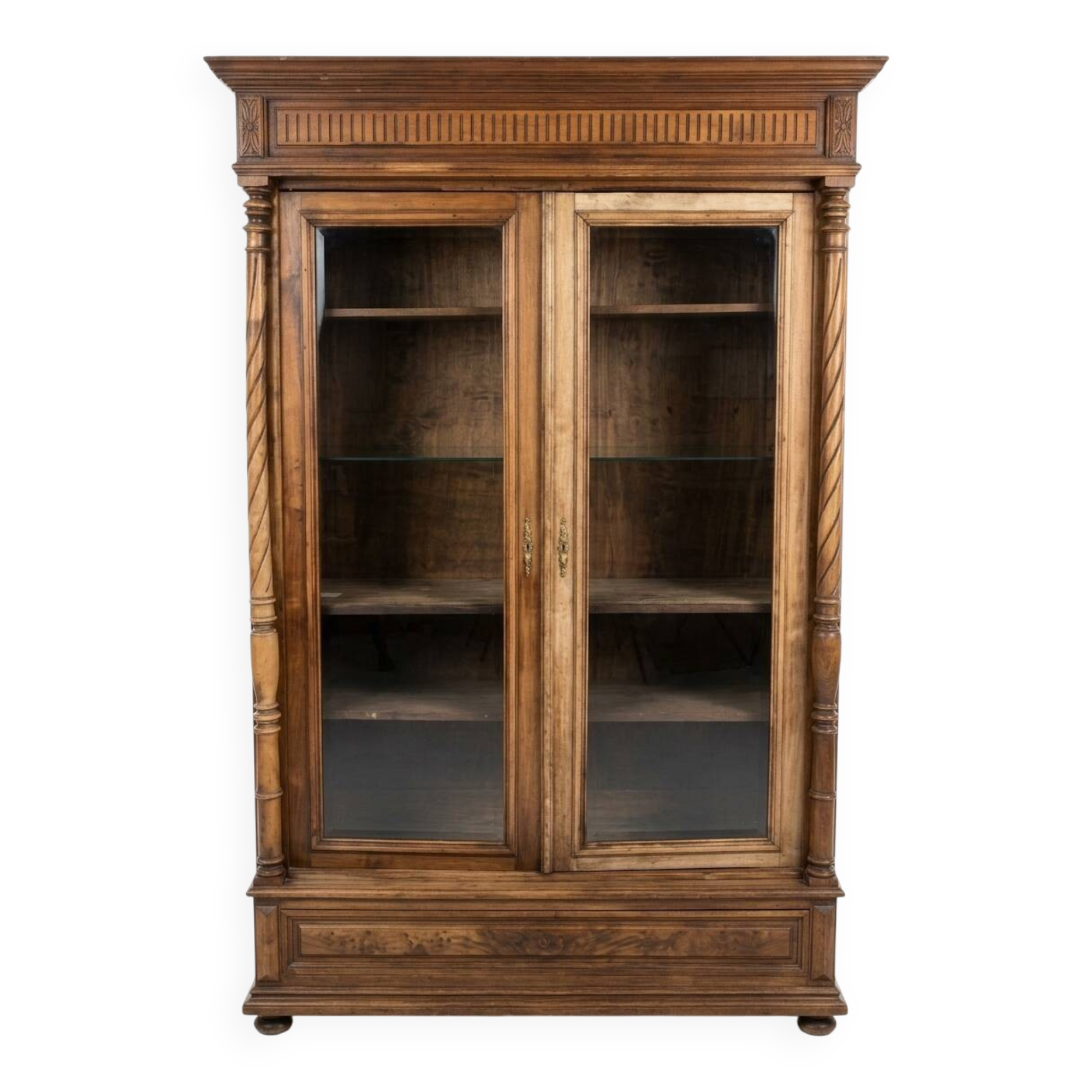 Vintage antique wooden wardrobe with glass doors