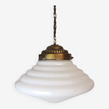 White ribbed opaline milk glass Art Deco hanging lamp 1950s