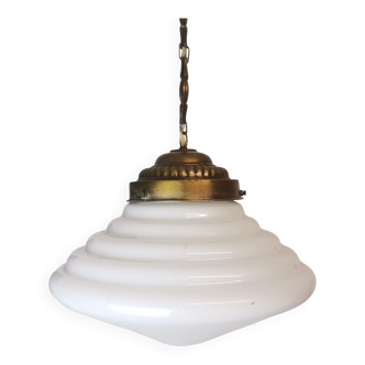 White ribbed opaline milk glass Art Deco hanging lamp 1950s