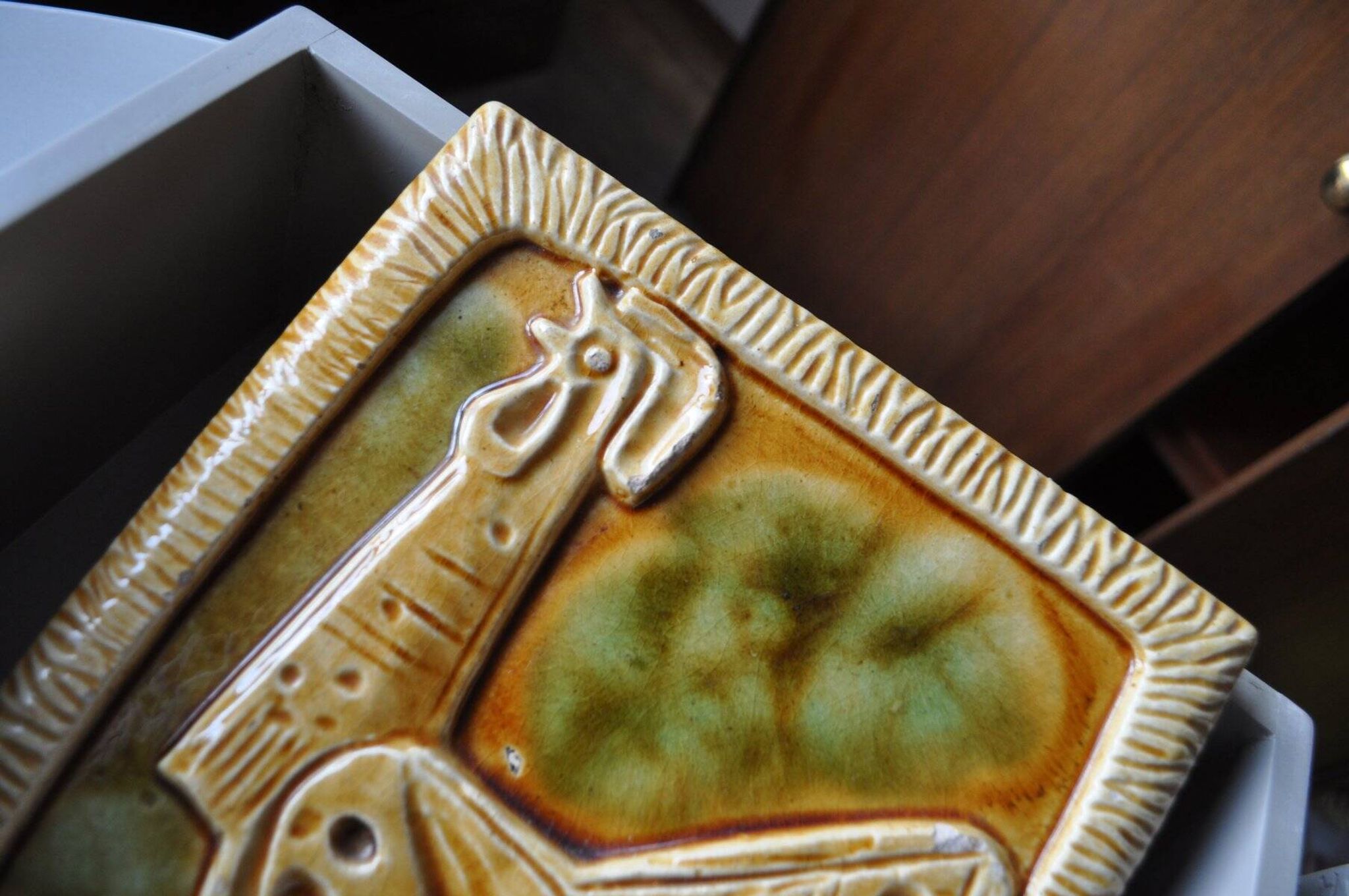 Vintage green ceramic stove tile, 1960s, Czech Republic, wall decoration.