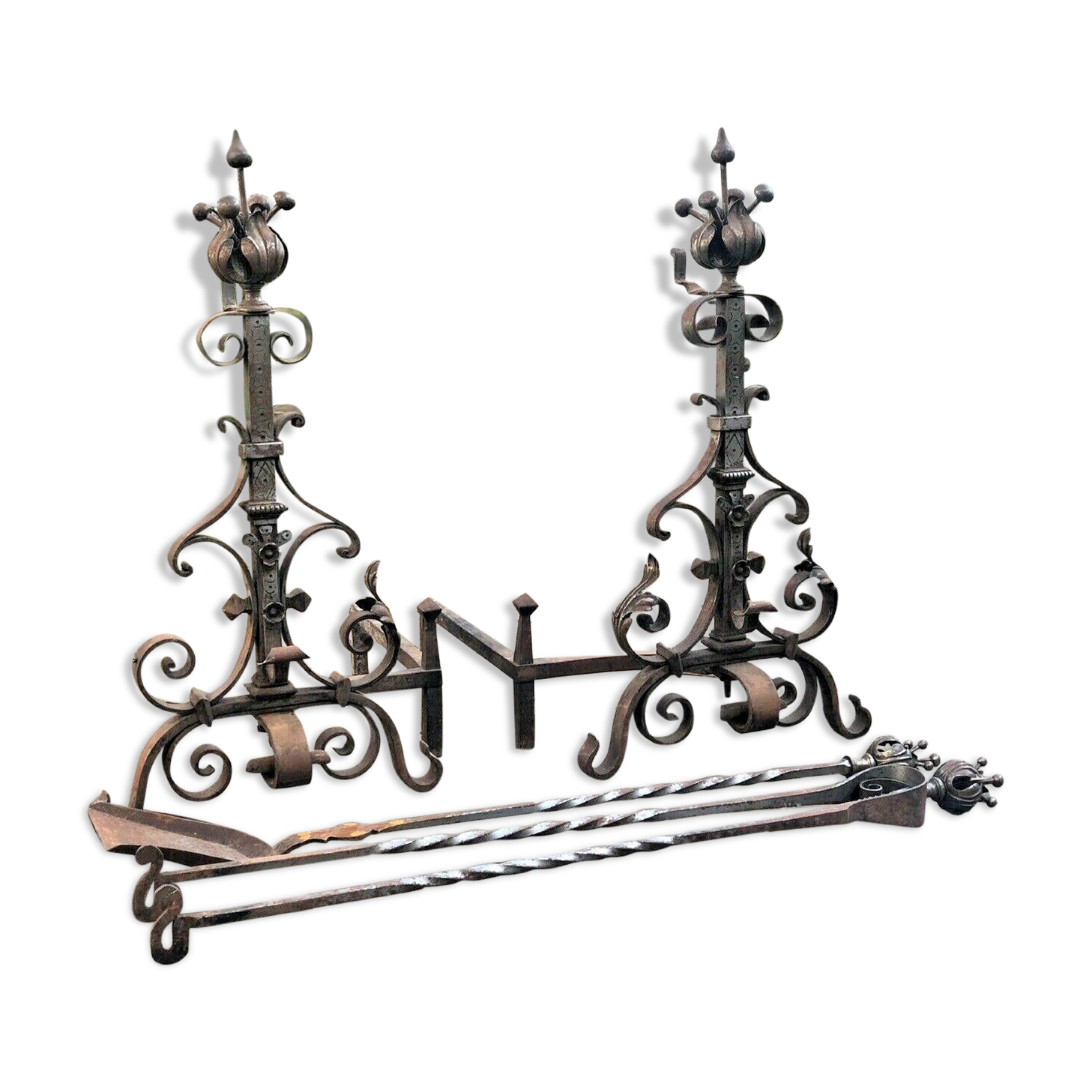 Pair of neo-gothic chenets, art ironwork, with shovel and pliers