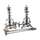Pair of neo-gothic chenets, art ironwork, with shovel and pliers