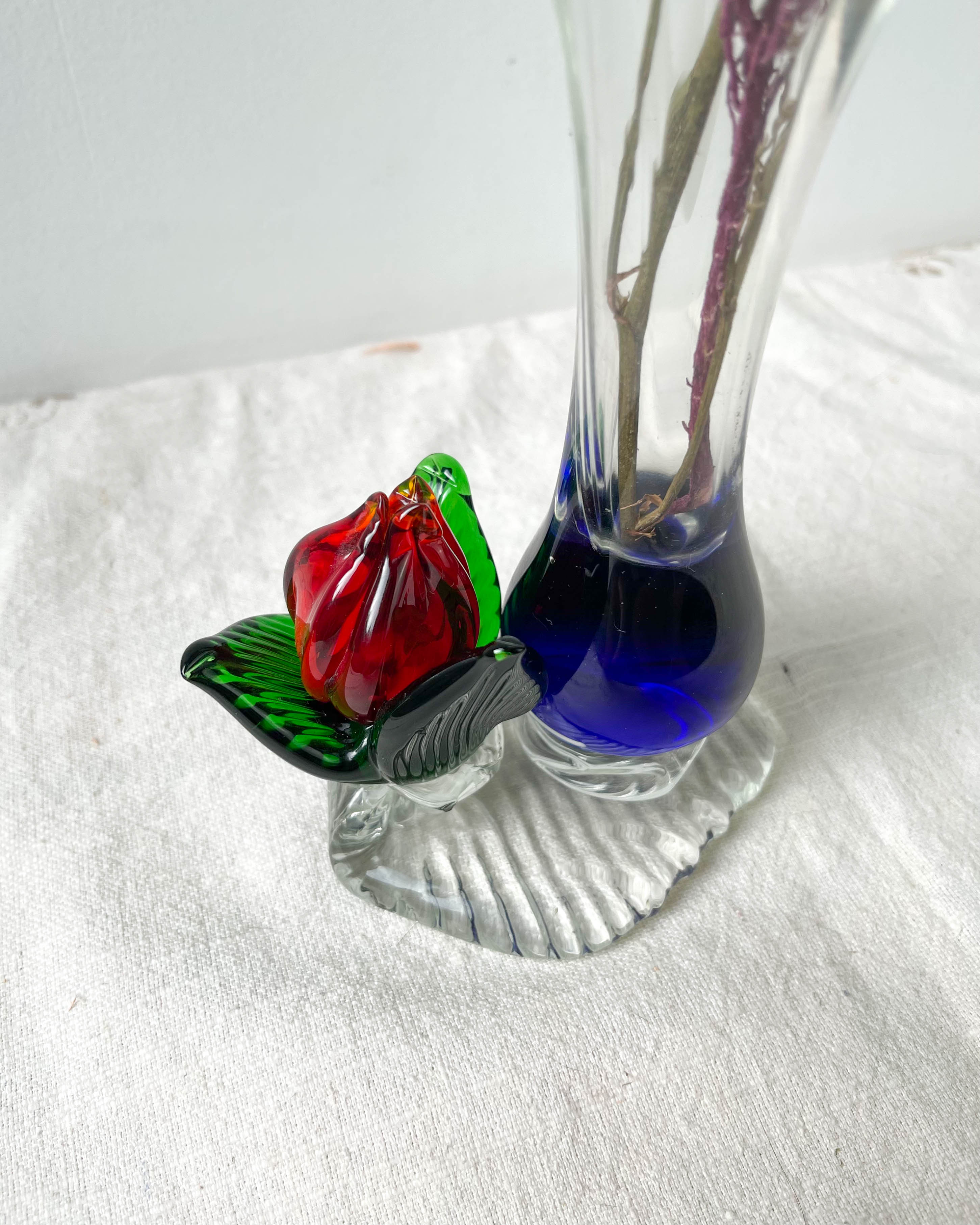 Blue red Murano glass vase with blown flower