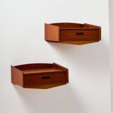 Wall mounted teak and beech bedside cabinet, Set of 2