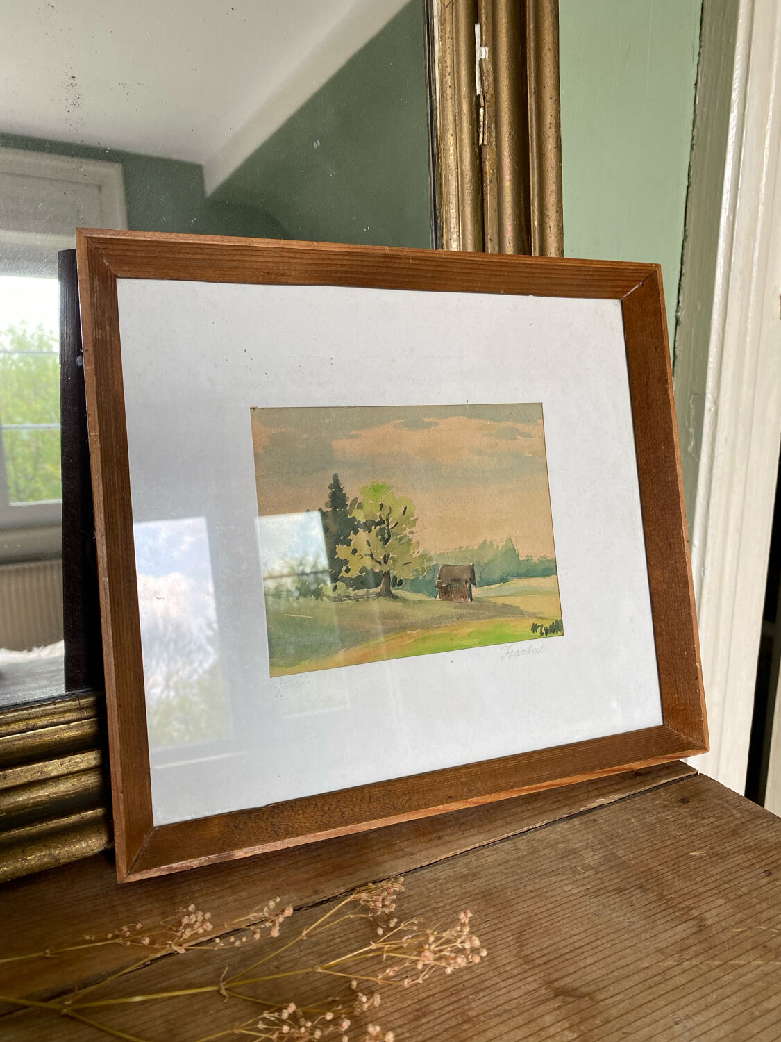 Framed watercolor landscape signed 1949