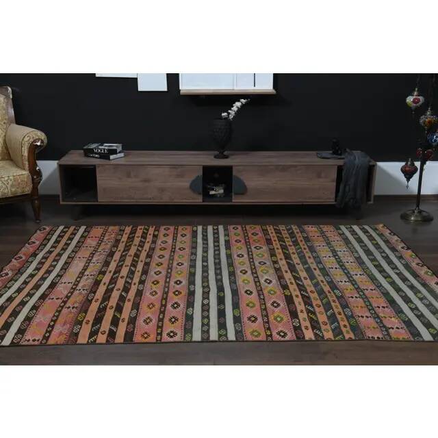 Striped Kilim Turkish Vintage Handmade Pink Orange Wool Area Rug 177x268