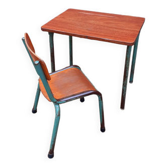 Desk and chair from the 50s, solid teak, tubular structure