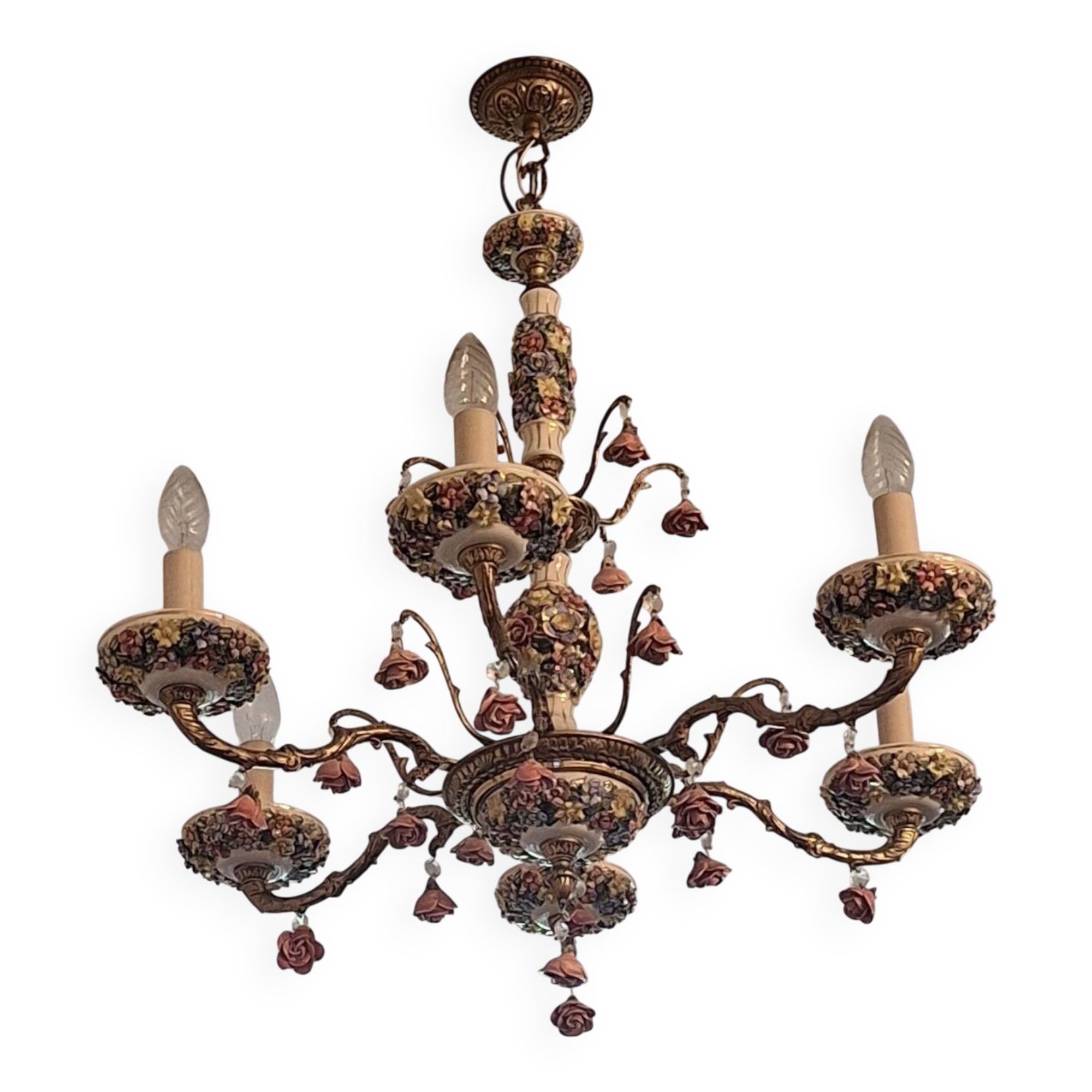 Lustre vintage Boho en laiton doré à 6 bras