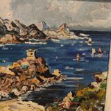 Painting of a seaside in coves on the port side around 1950