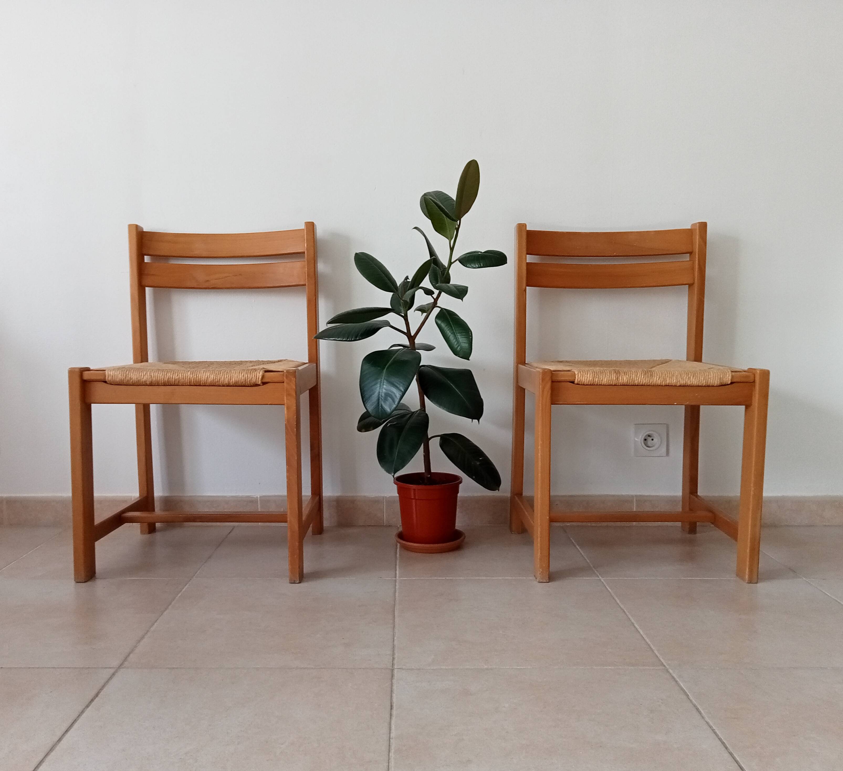 Set of 2 vintage chairs in solid elm and rush in the style of Regain/Asserbo.