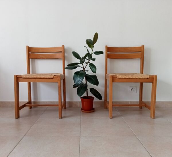 Lot de 2 chaises vintage en Orme massif et jonc dans le goût Regain/Asserbo