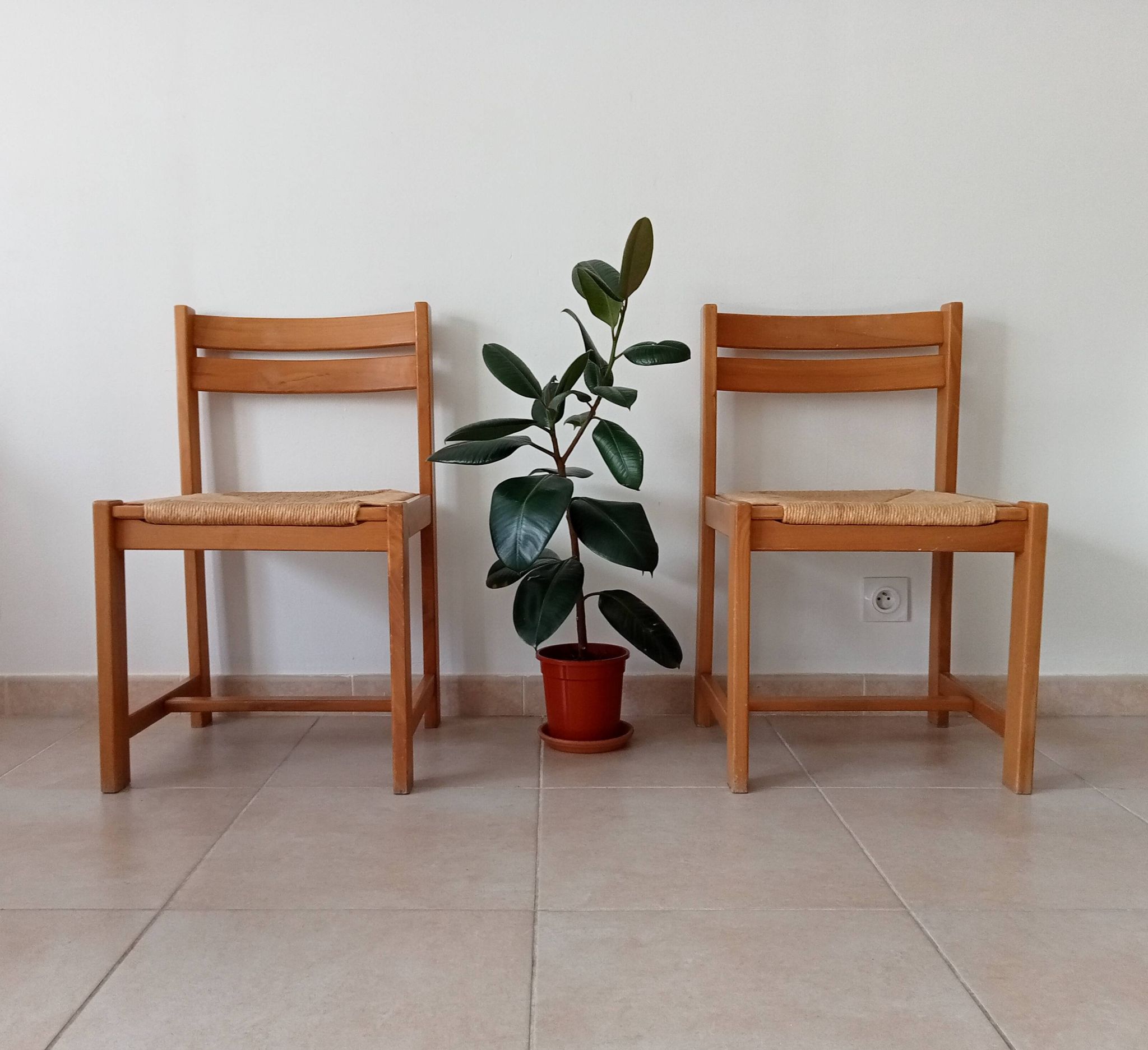 Set of 2 vintage chairs in solid elm and rush in the style of Regain/Asserbo.