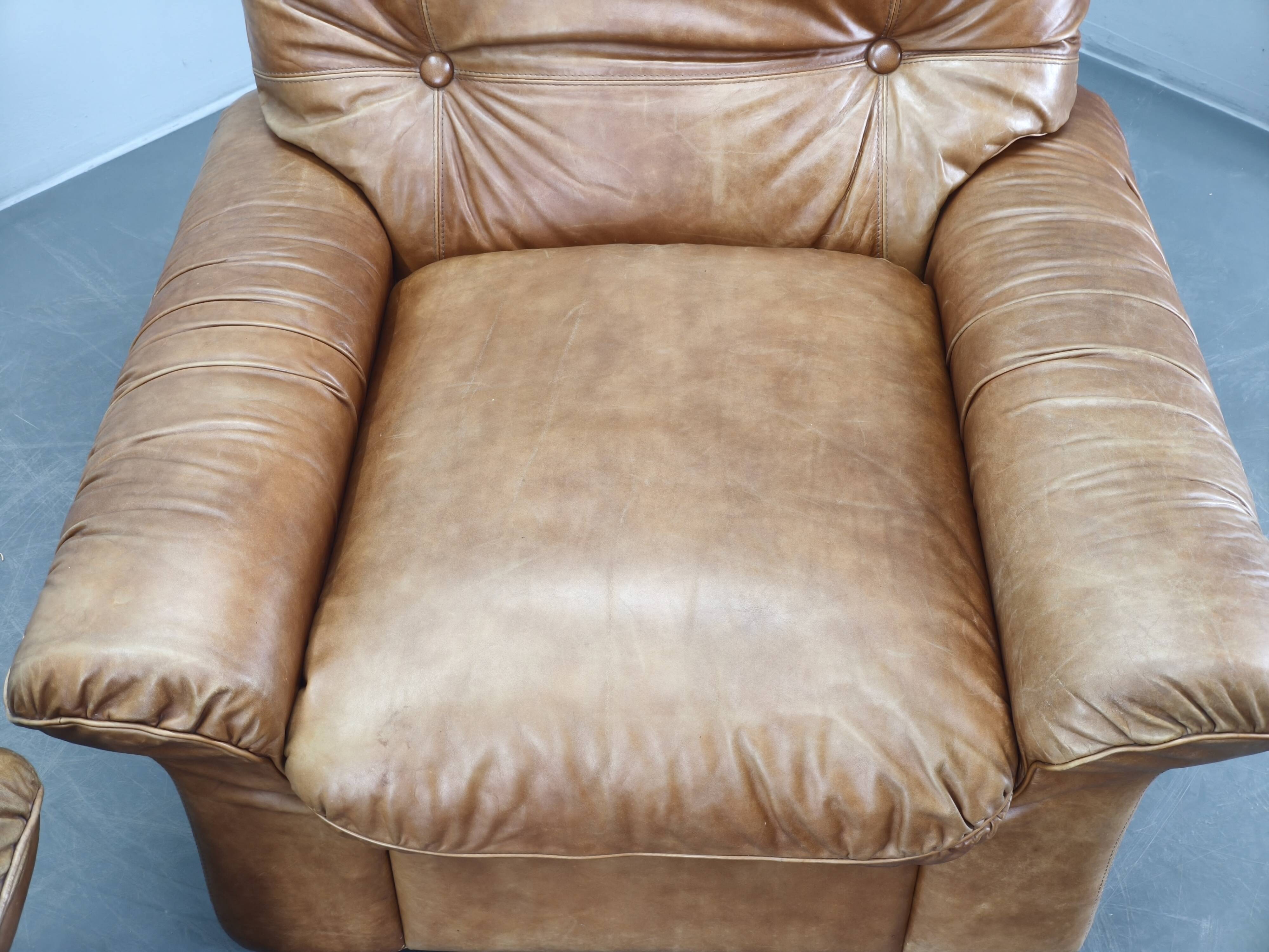 Pair of Arcon Italia Cognac Buffalo Leather Lounge Armchairs