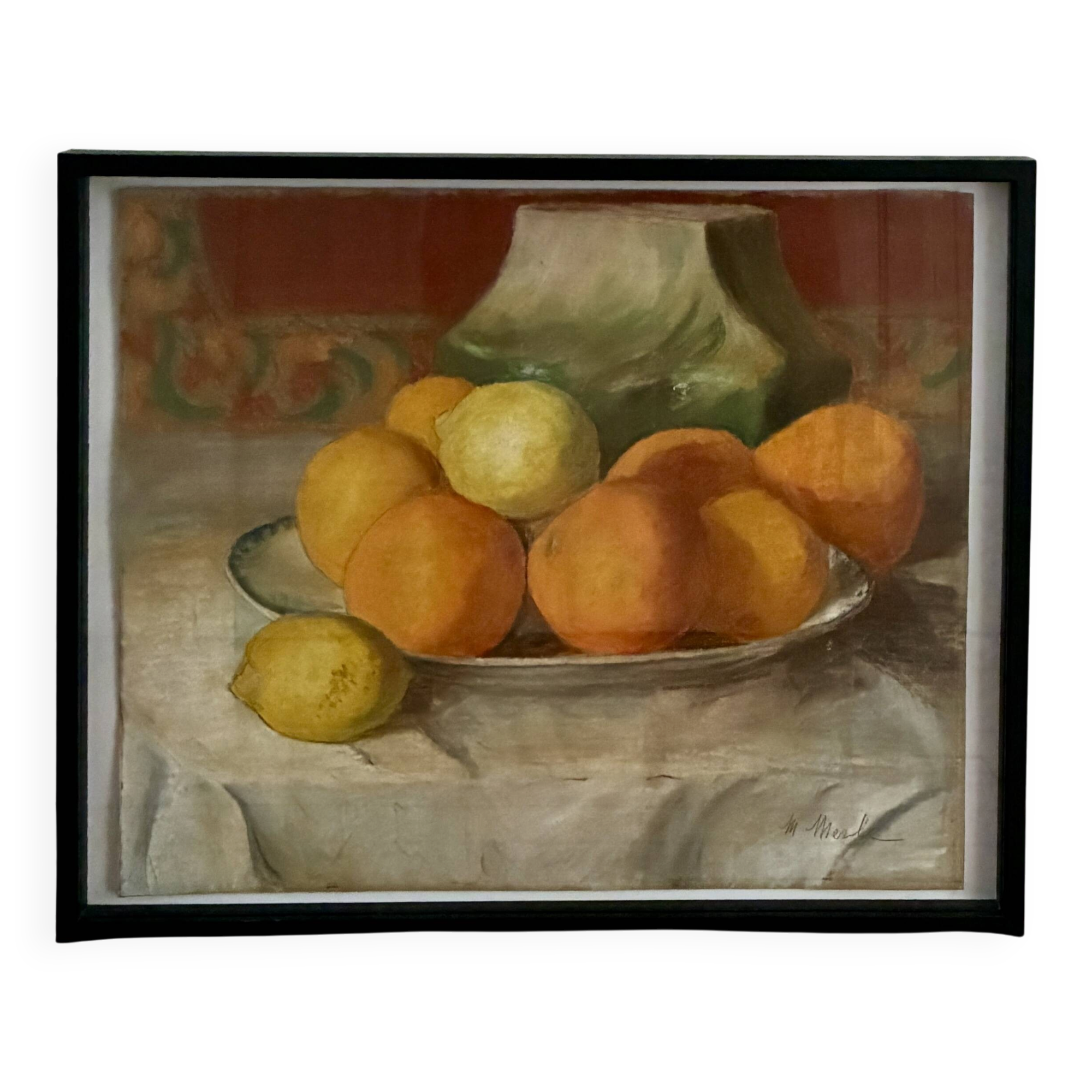 Tableau ancien pastel nature morte aux agrumes